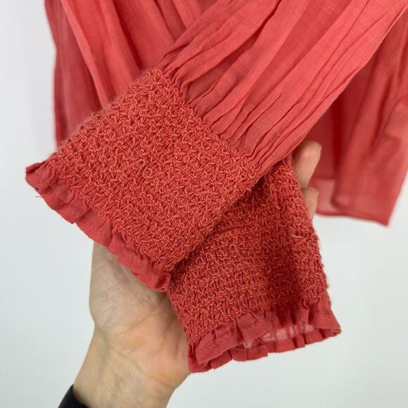 Free People Gauze Cotton Blouse Size M Long Ballon Sleeve Coral Cottage Boho - Picture 8 of 8